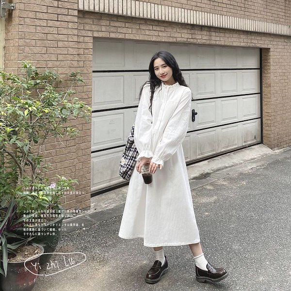 Qoo10] ロングワンピース 新作 長袖白ワンピース
