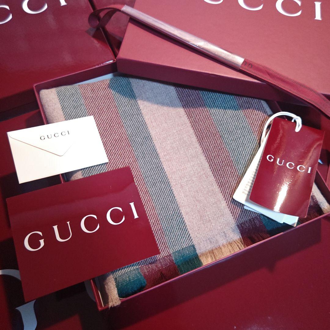❤極美品箱付き❤GUCCI マフラー ストール スカーフ❤ストライプ❤ベージュ GUCCI（グッチ） GGジャカード ウールシルク スカーフ 495592 ブラウン