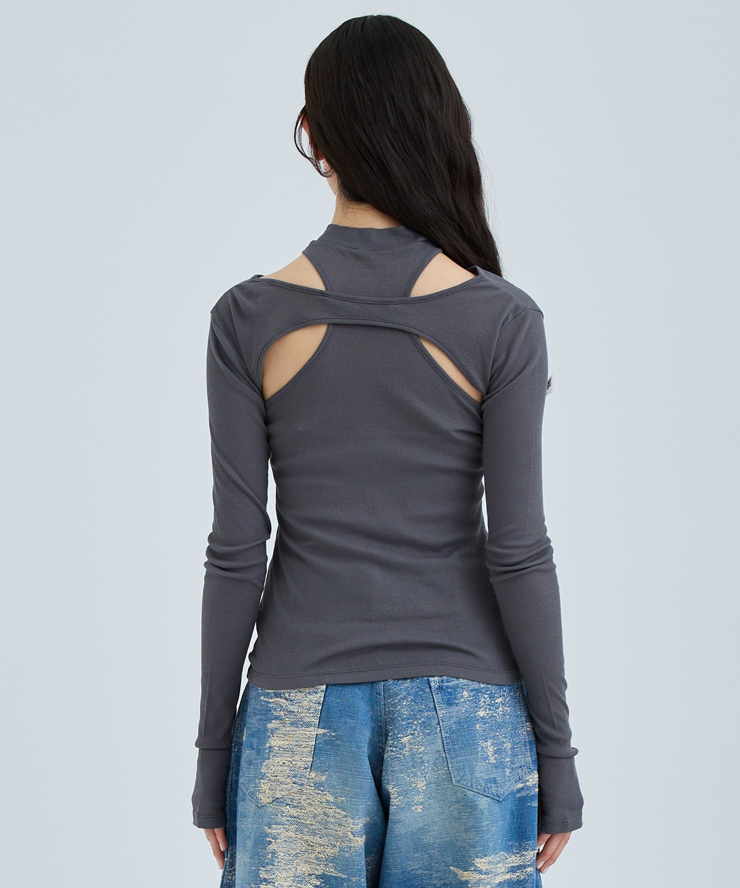 RIB LAYERED HI-NECK TOP(FREE GREY): JOHN LAWRENCE SULLIVAN: WOMENS